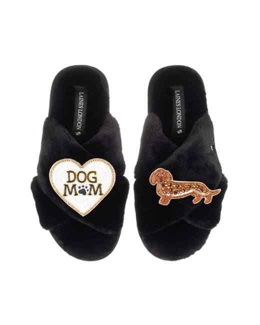 Laines London Black Classic Laines Slippers With Dog Mum/Mom & Dachshund Brooches