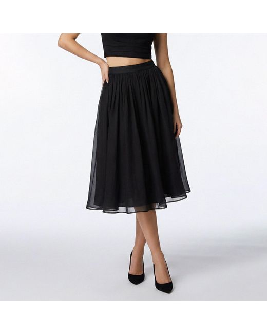 AVENUE No.29 Black Gathered Silk Midi Skirt