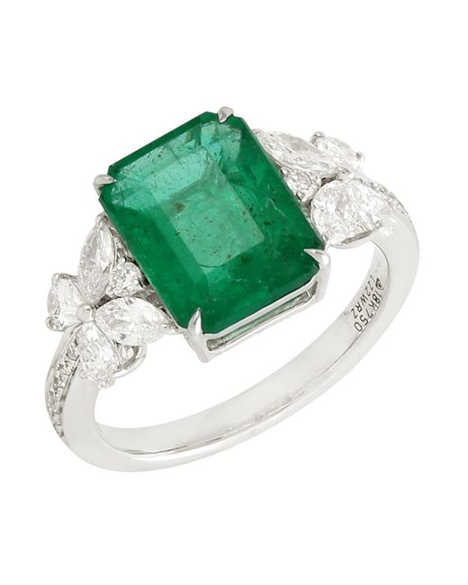 Artisan Green 18k Solid White Gold In Emerald Gemstone & Diamond Beautiful Cocktail Ring