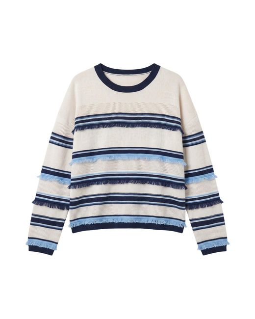 Brodie Cashmere Blue Funky Stripe Cashmere Crew Neck Jumper