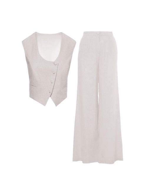 BLUZAT White Neutrals Ivoire Linen Suit With Cut-out Vest And Straight Trousers