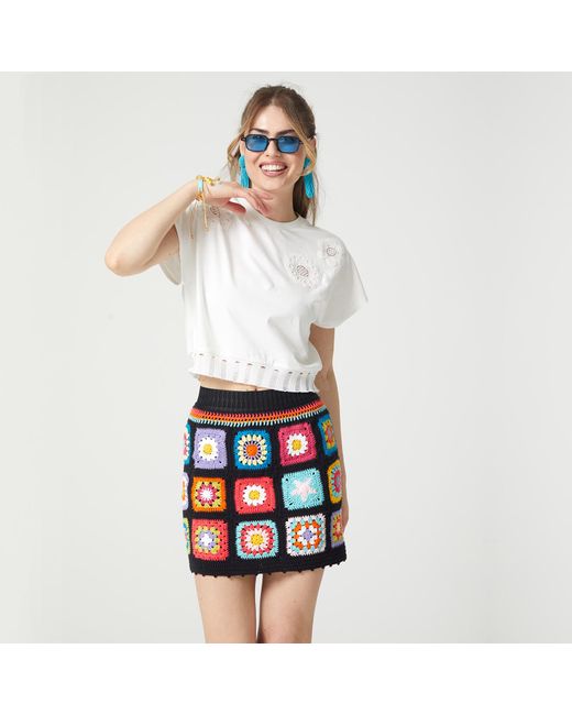 Lalipop Design Blue Handmade Crochet Patched Mini Skirt