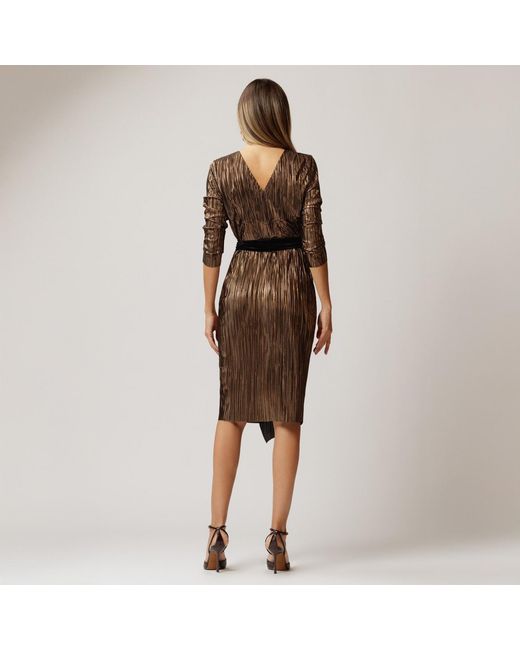 concept A trois Brown Plisse Cocktail Dress With Long Sleeves And Velvet Cord