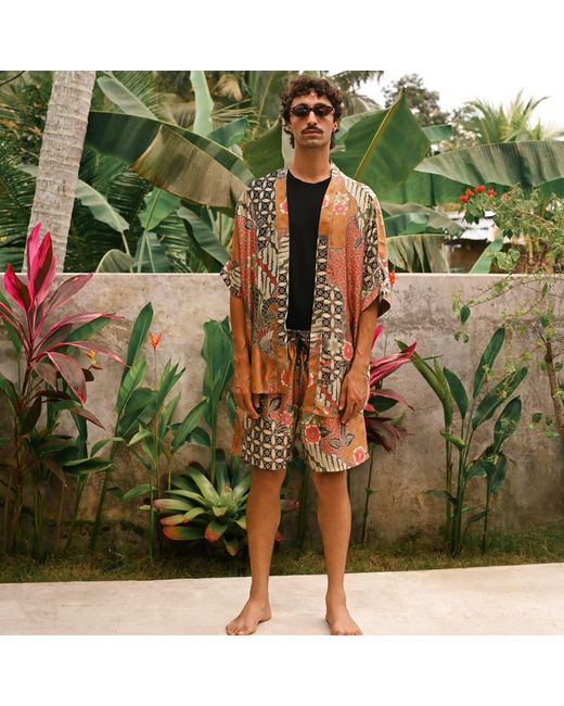 ORIGIN OF HEARTS Brown Marei Floral Print Satin Kimono Shirt For Resort Living for men