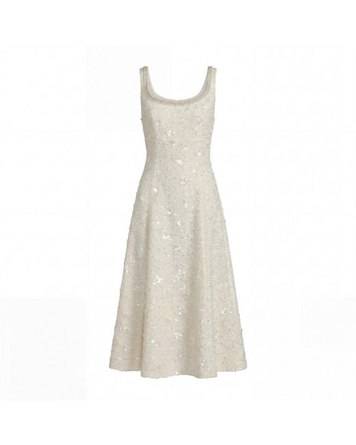 Mac Duggal White Embellished Boucle Sleeveless A-Line Midi Dress