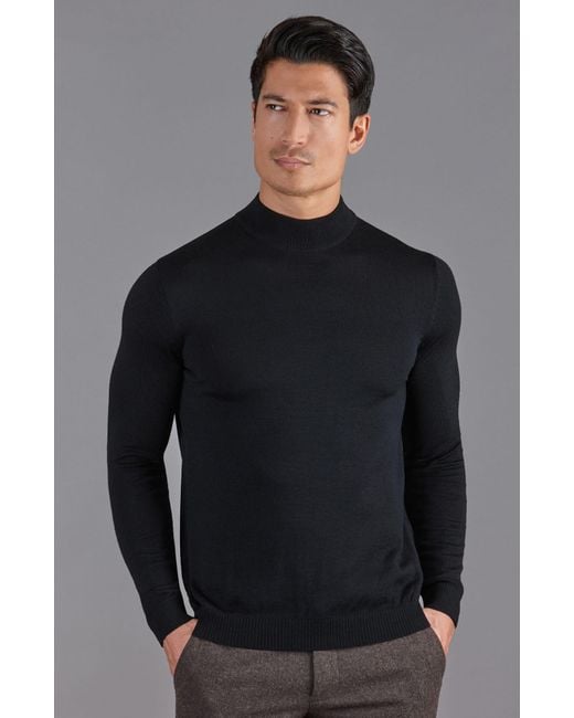 Paul James Knitwear Blue Extra Fine Merino Wool Shaw Mock Turtleneck Jumper for men