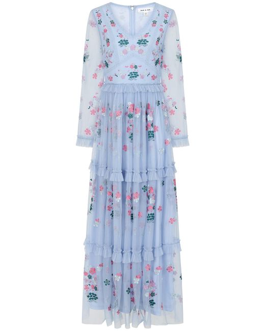Frock and Frill Blue Linnea Floral Embroidered Maxi Dress