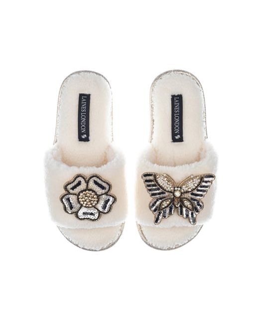 Laines London Metallic Teddy Towelling Slipper Sliders With Butterfly & Flower Brooches