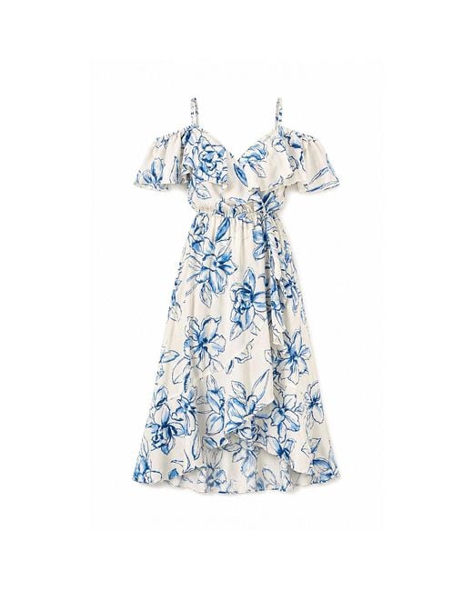 Yumi' Blue Neutrals Ivory Floral Print Bardot Midi Dress With Dip Hem
