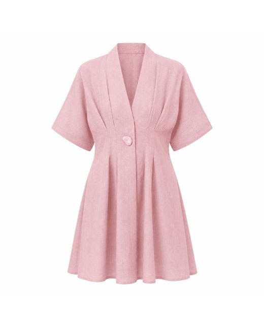 Exquise Pink Alita V Neck Short Sleeve Linen Mini Dress