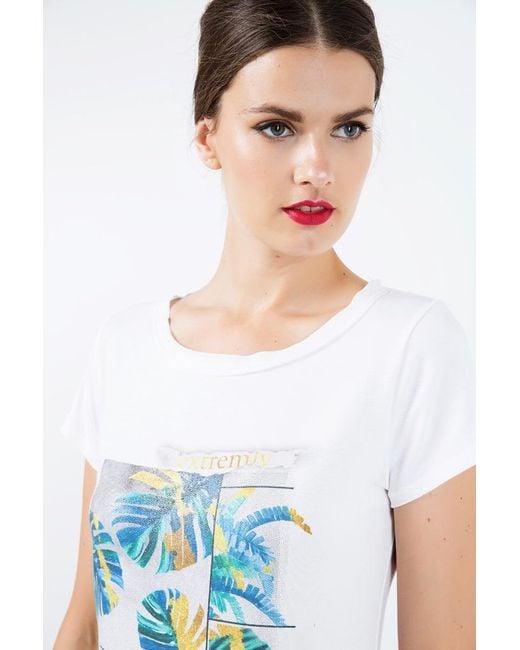Conquista Blue Neutrals Short Sleeve Top With Multicoloured Print