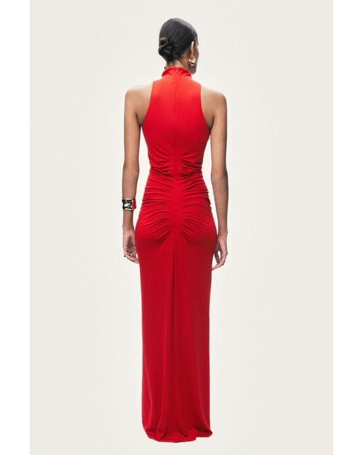 Nocturne Red Ruched High-Neck Maxi Dress