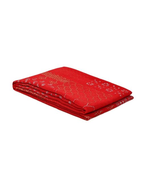 Heritagemoda Red Handwoven Wool Scarf With Metallic Block Print
