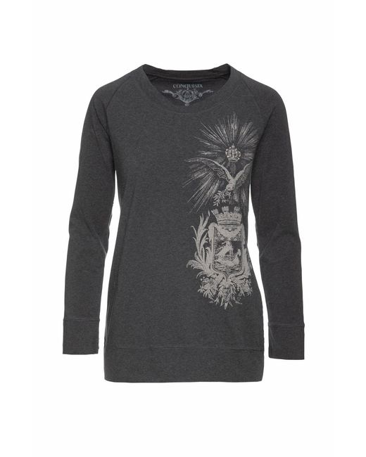 Conquista Black Round Neckline Dark Print Top