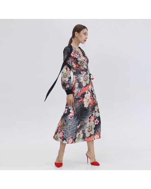 Smart and Joy Red Wrap Dress With Flower Print And Satin Bias