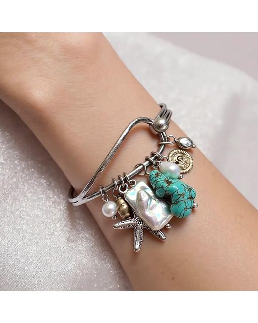 Rare Matters Jewelry Blue Ocean Treasures & Freshwater Pearl Charm Bangle