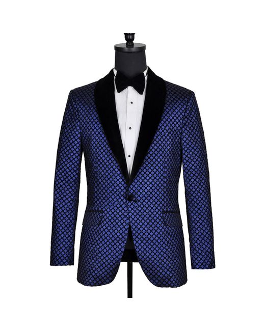 DAVID WEJ Blue Washington Jacquard Velvet Shawl Lapel Blazer for men