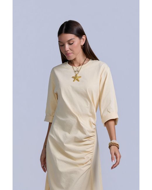 Rave on Trend Yellow Ruched Cotton T-Shirt Dress
