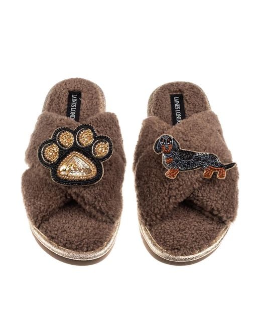 Laines London Brown Neutrals Boucle Slippers With Paw & Dapple Dachshund Brooches