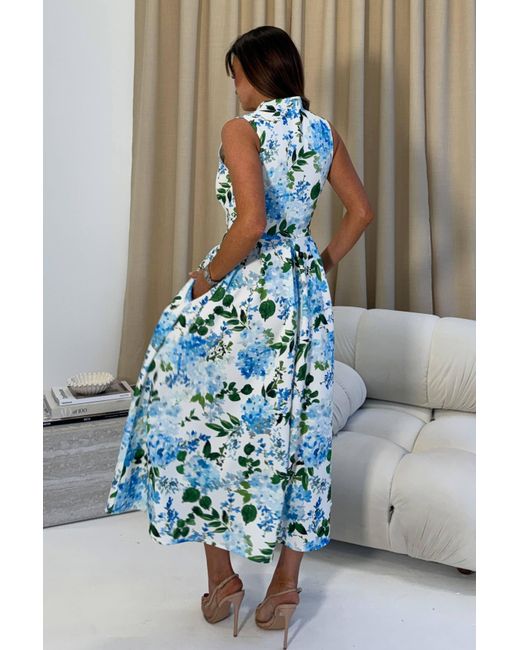 Girl In Mind Blue Ameya Notch Neck Sleeveless Midi Dress Floral