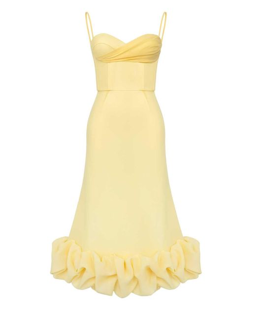 POST MERIDIEM Yellow Draped Bodice Bottom Flounced Bustier Dress