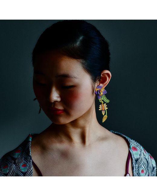 Nana Watanabe Multicolor Garden Snake Floral Embroidered Earrings