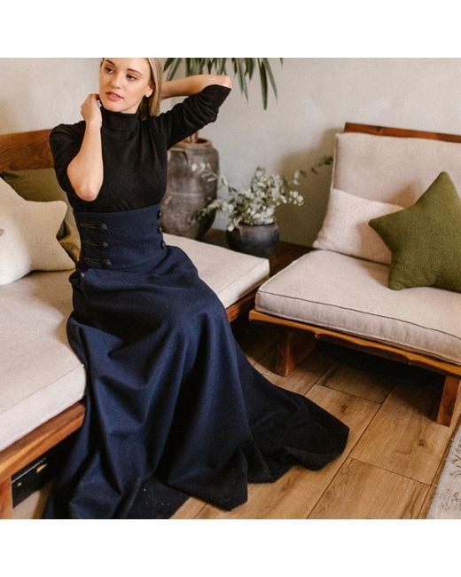 Nikka Place Blue Empire Waist Maxi Wool Skirt With Double Row Buttons