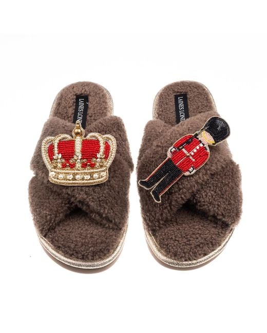 Laines London Orange Neutrals Laines Neutral Boucle Slippers With Royal Crown & Grenadier Guard Brooches