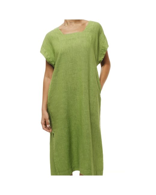 Haris Cotton Green Smock Linen Dress With Split Hem Avocado