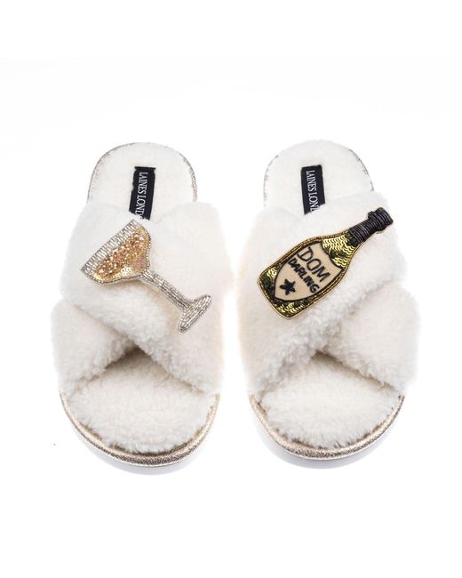 Laines London White Neutrals Laines Neutral Boucle Slippers With Dom Darling Champagne Brooches