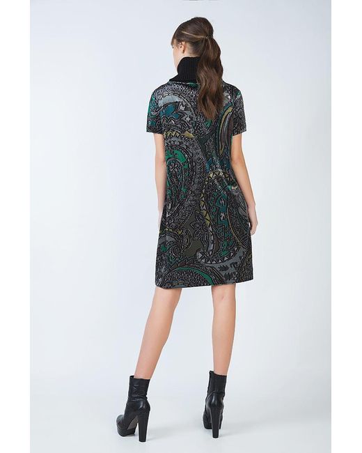 Conquista Green Turtleneck A Line Print Dress