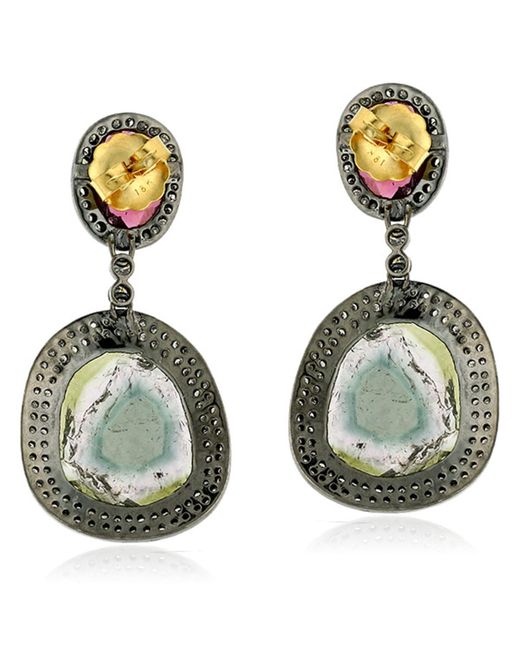 Artisan Green 18k Solid Gold & Silver With Multi Tourmaline And Pave Diamond Dangle Earrings
