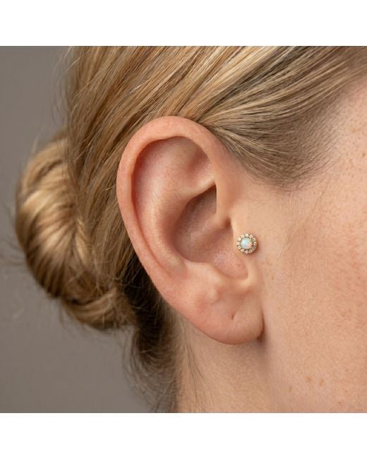 Zahav Jewelry Metallic 14K Solid 18G 8Mm Opal & Round Cz Internally Threaded Flat Back Stud