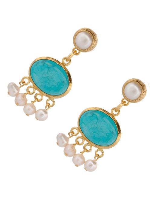 Ebru Jewelry Blue Cleopatra Pearl & Turquoise Stone Tassel Earrings