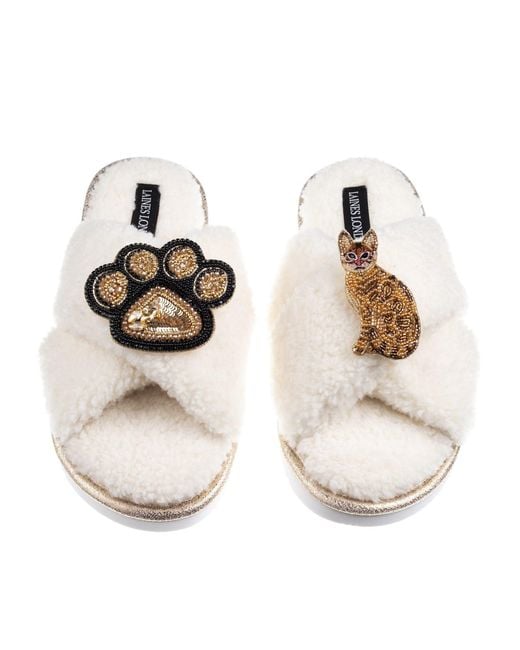 Laines London Metallic Neutrals Boucle Slippers With Paw & Bengal Cat Brooches