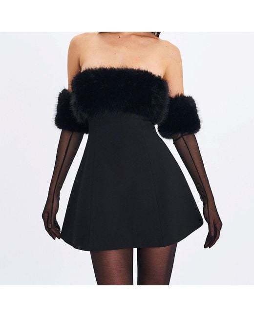 Miss Circle New York Black Eve Fur-Trimmed Mesh Opera-Length Gloves