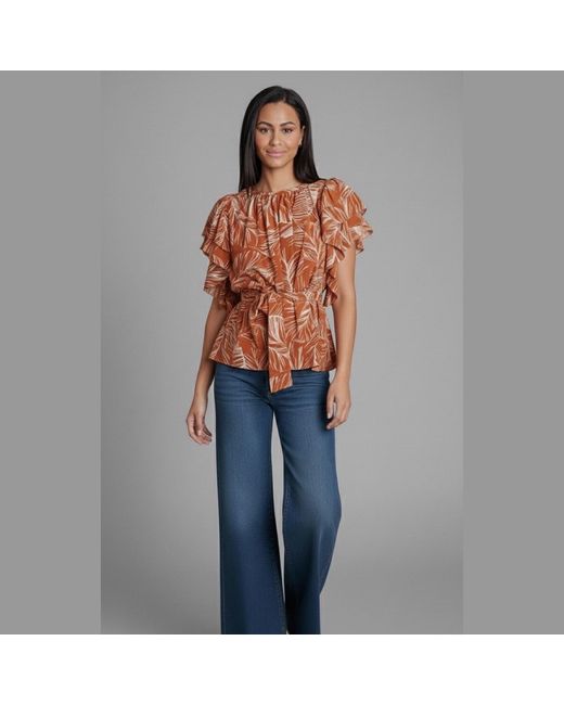 Imaatu Brown Butterfly Blouse Palms Rust Sustainable Viscose One Size Ruffle Sleeves Tropical Print