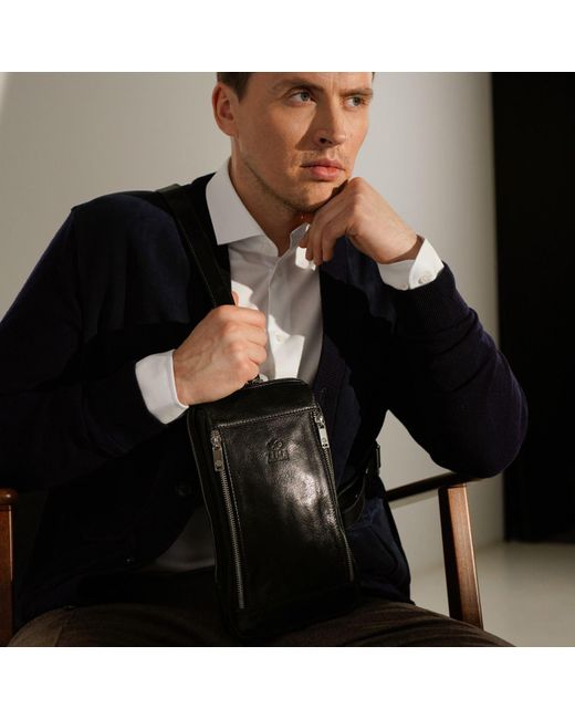 Time Resistance Black Leather Sling Bag Chest Bag for men