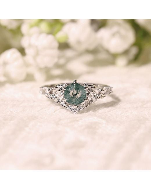 Azura Jewelry New York White Fae Meadow Moss Agate Ring Vermeil