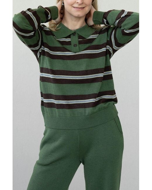 SALANIDA Green Galante 100% Merino Polo Top Stripes