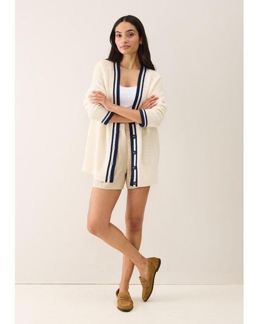 Loop Cashmere White Striped Tipped V Neck Lofty Cardigan