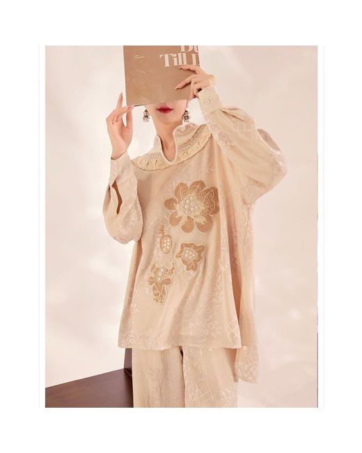 Wjy Studio London Natural Neutrals Embroidered Detail Floral Tunic