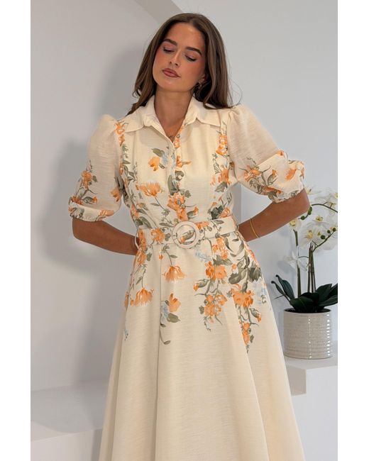 Girl In Mind Natural Renata Floral Boarder Print Print Midi Dress Cream