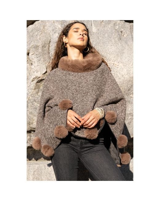 Saachi Brown Faux Fur Burly Wood Poncho Pom Pom