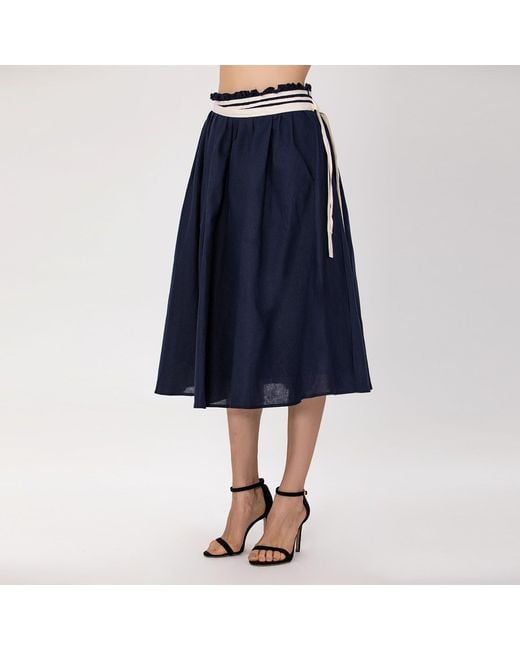 Smart and Joy Blue Flared Linen Midi Skirt