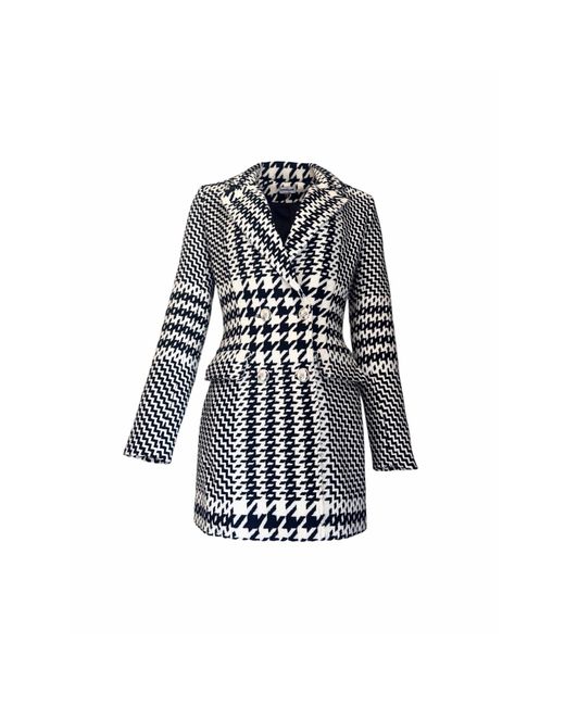 Adrenaline Fashion Blue Houndstooth Wool Coat And Double Breasted Elegant Short Winter Overcoat Designer Outerwear