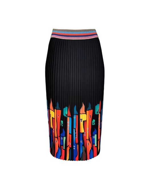 Lalipop Design Black Midi Pleated Skirt With Colorful House Prints