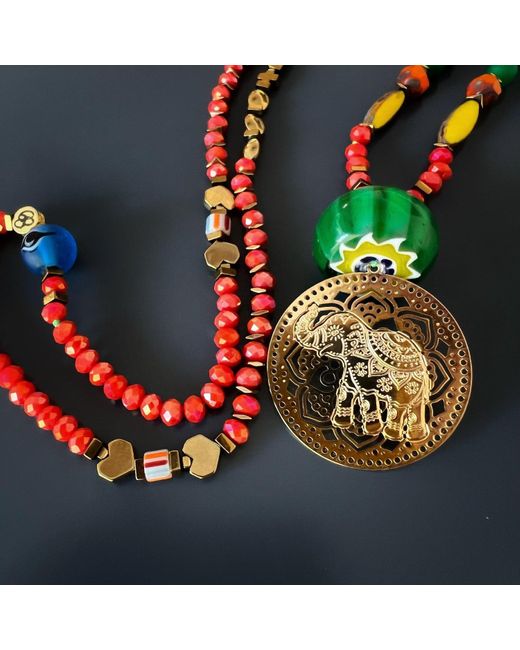 Ebru Jewelry Multicolor Colorful African Beaded Filigree Gold Elephant Pendant Necklace