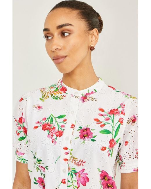 Yumi' White Cotton Broderie Anglaise Floral Shirt