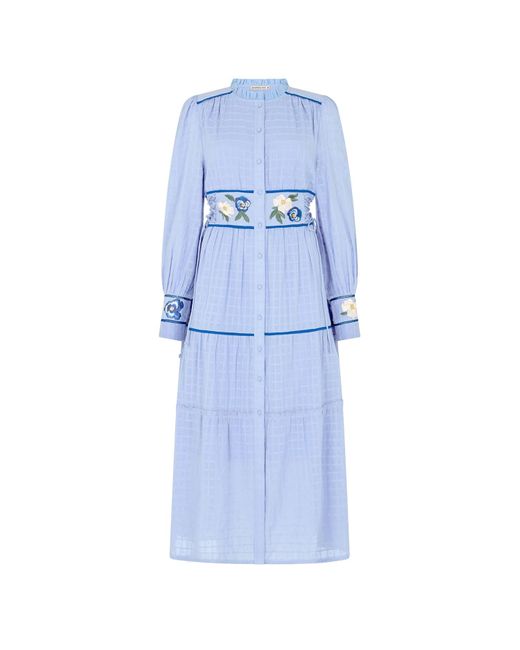 Hope & Ivy Blue The Melissa High Neck Front Button Embroidered Midi Dress